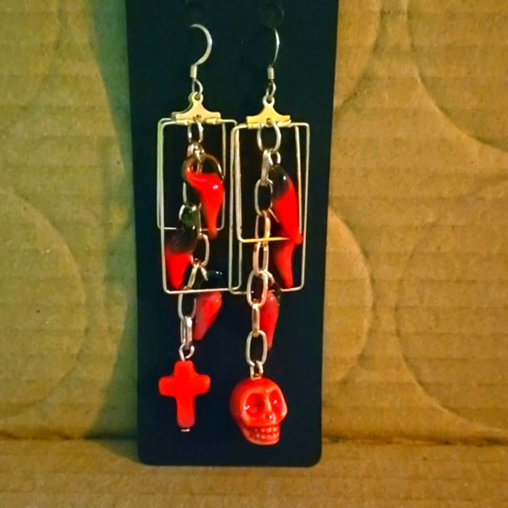 Hand Crafted Hot Peppers, Skull and Cross Earrings.